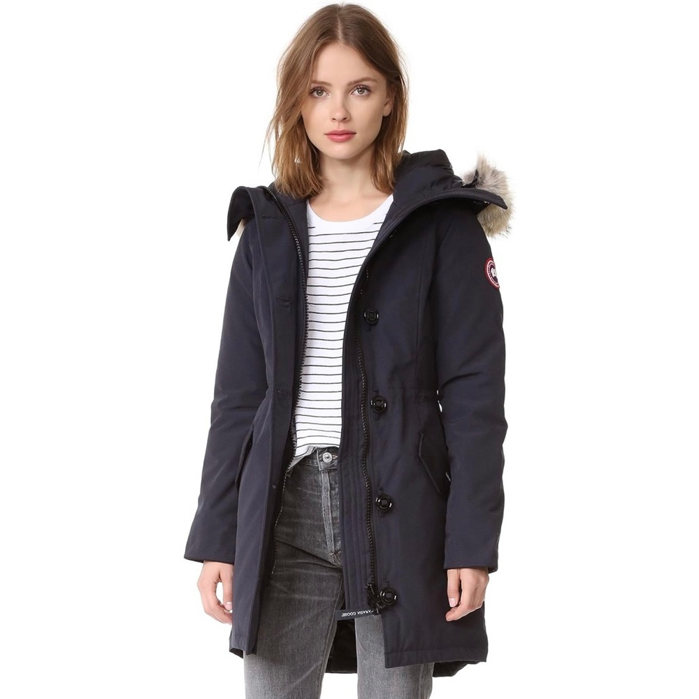 Canada Goose Rossclair Parka, Size Small, Navy Blue, Real fur trim hood